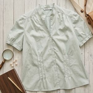 Ricki’s Pintuck Pleated Mandarin Collar Short Sleeve Blouse Mint Green Size XXL